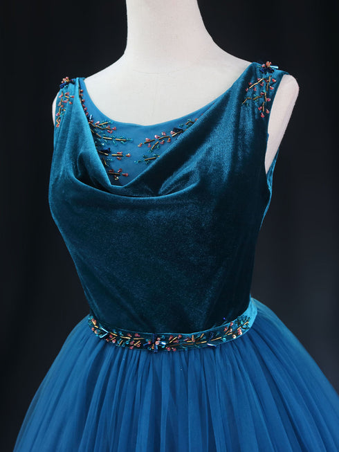 Gothic Royal Blue Velvet Wedding Dress with Tulle - Sleeveless Evening Dress - Aline Ball Gown Wedding Dress Plus Size